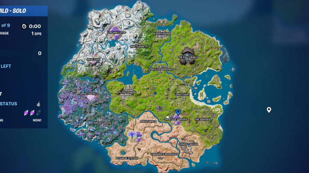 Fortnite map with a map marker on Shuffled Shrines