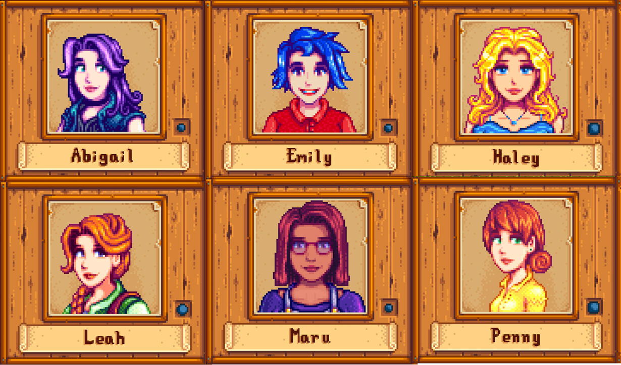 All six of the Stardew Valley bachelorettes' portraits.