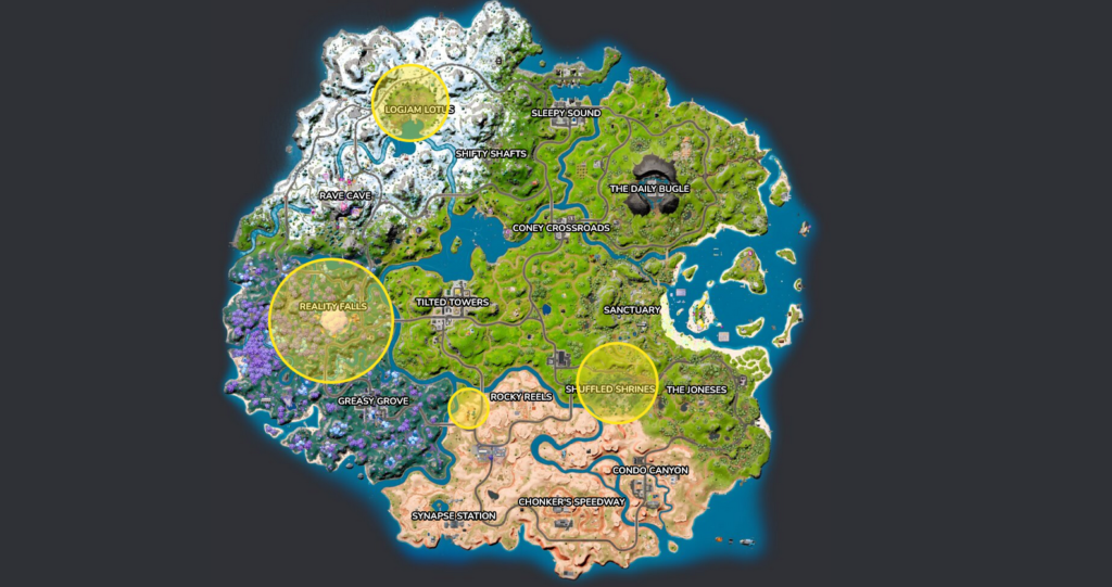 Fortnite map with logjam lotus, butter bloom, reality falls highlighted