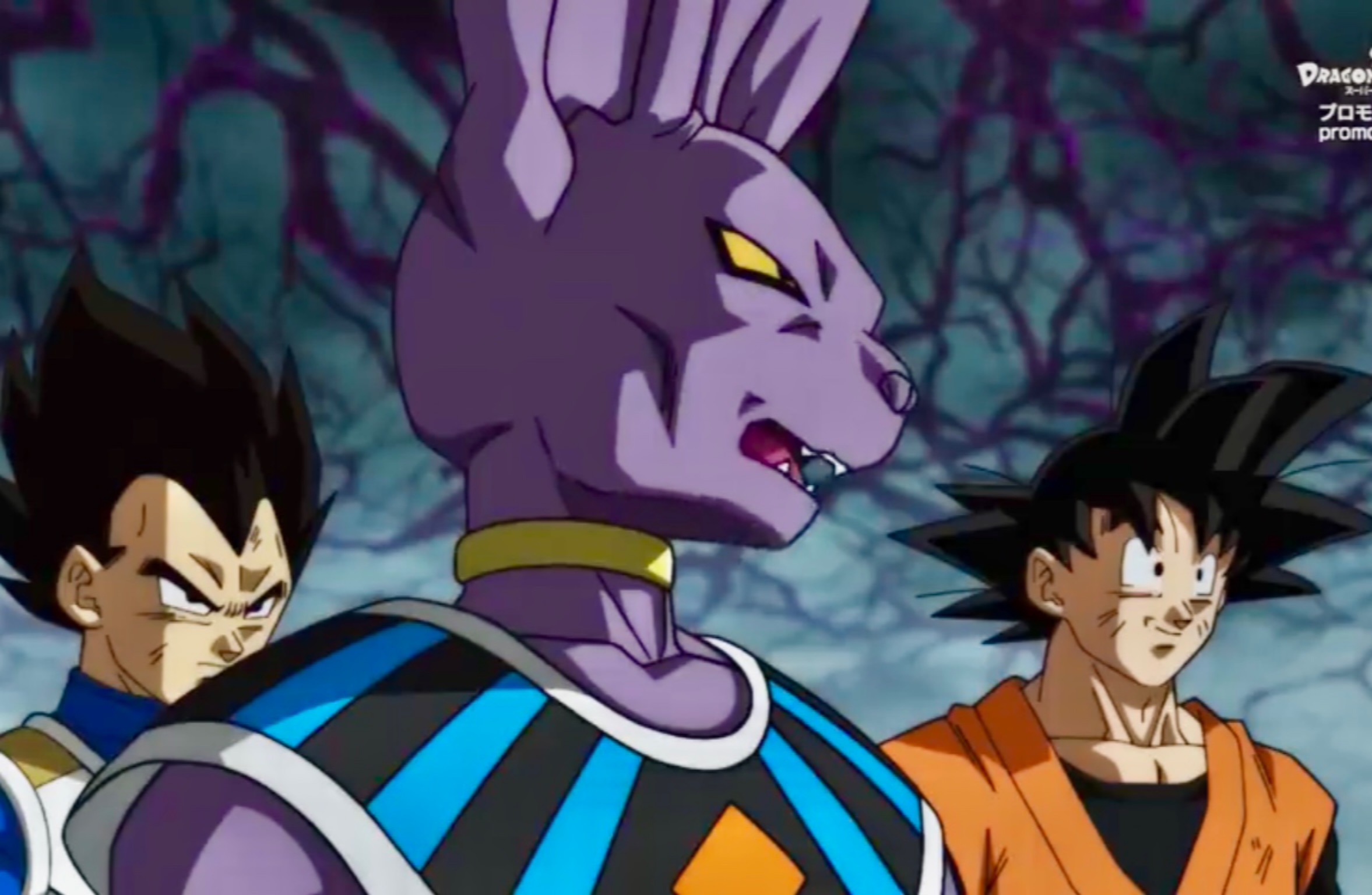 Beerus Goku and Vegeta look onward in a dark forest