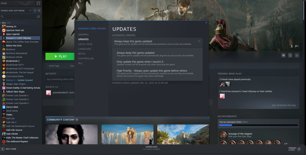 The Steam properties window for Assassin's Creed Odyssey.