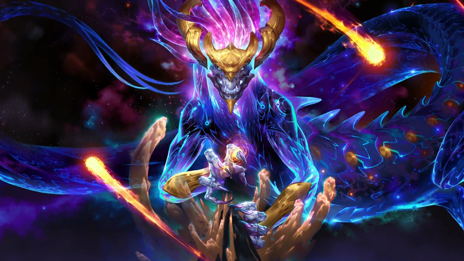League champion Aurelion Sol hovers over mountain with stars around him.
