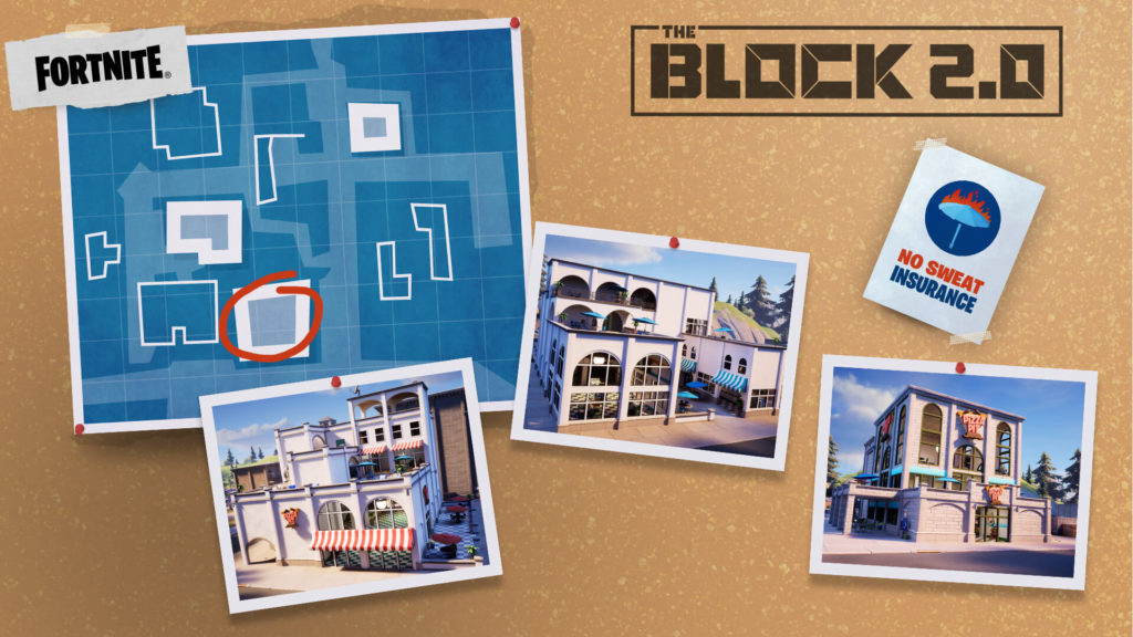 A corkboard with a blueprint and three different building options 