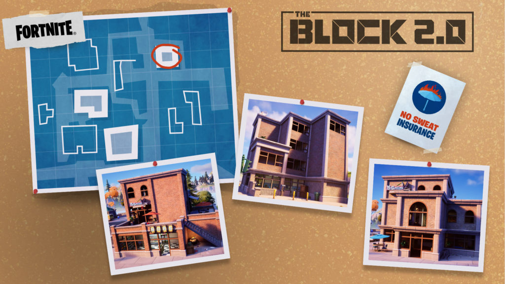 A corkboard with a blueprint and multiple building choices