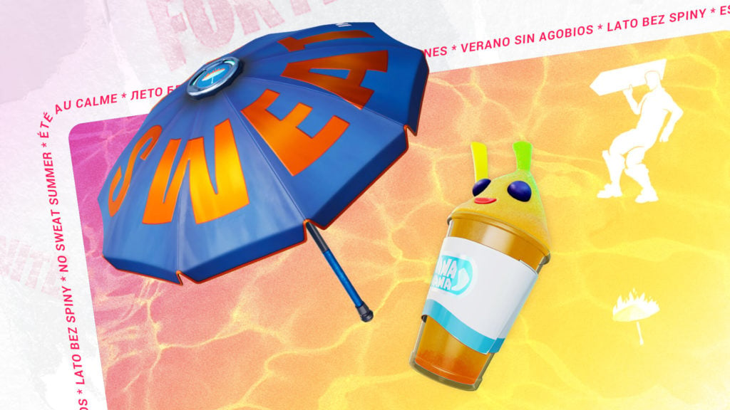 An umbrella, frozen drink, and a sign spinner emote