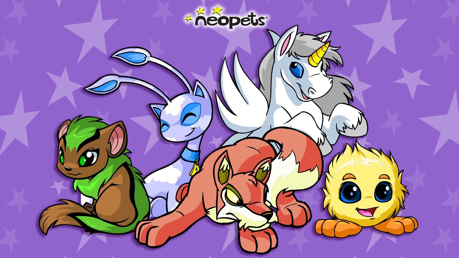 Several Neopets stand together in front of a purple background.