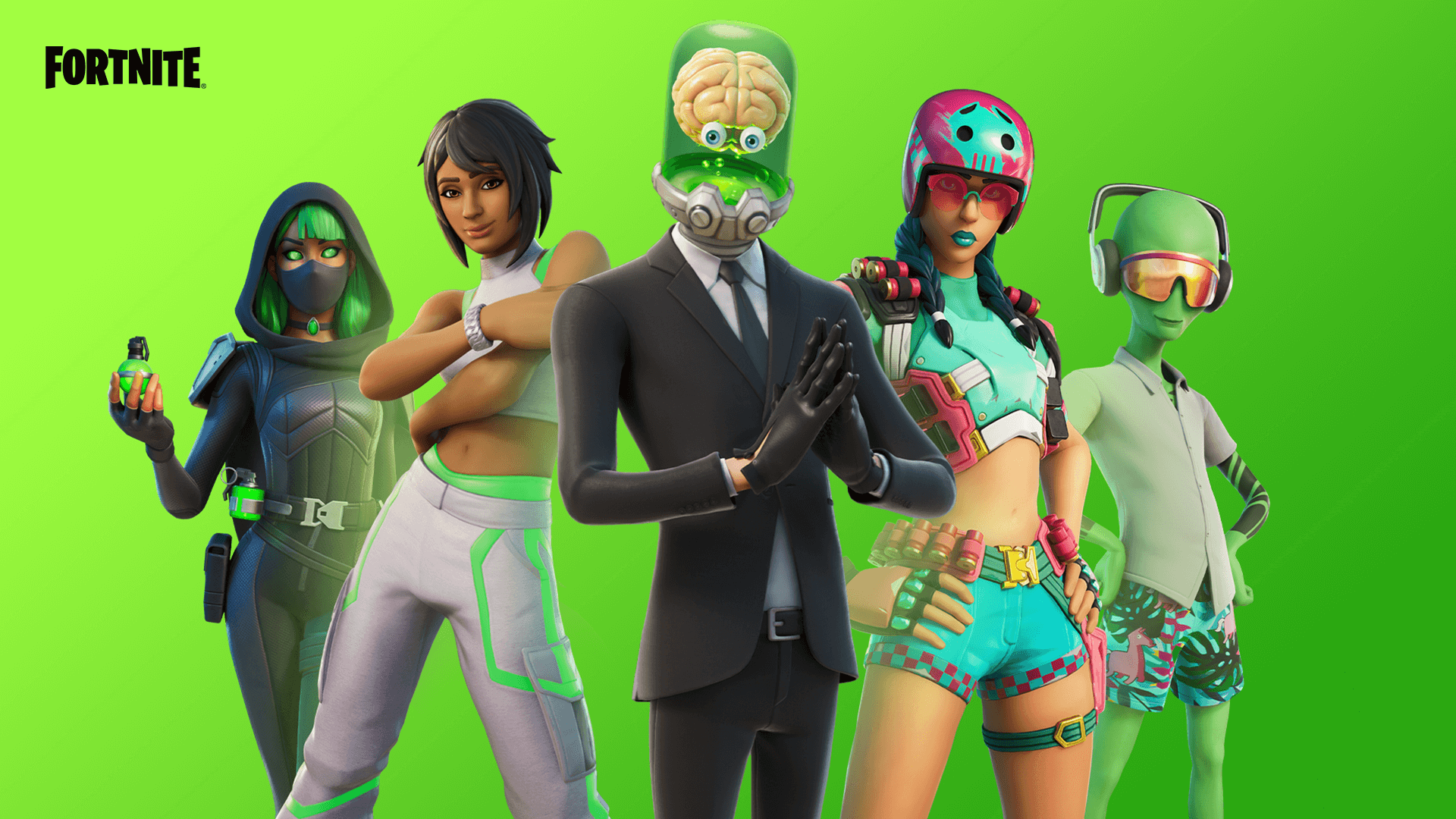 Different characters from fortnite with a green background