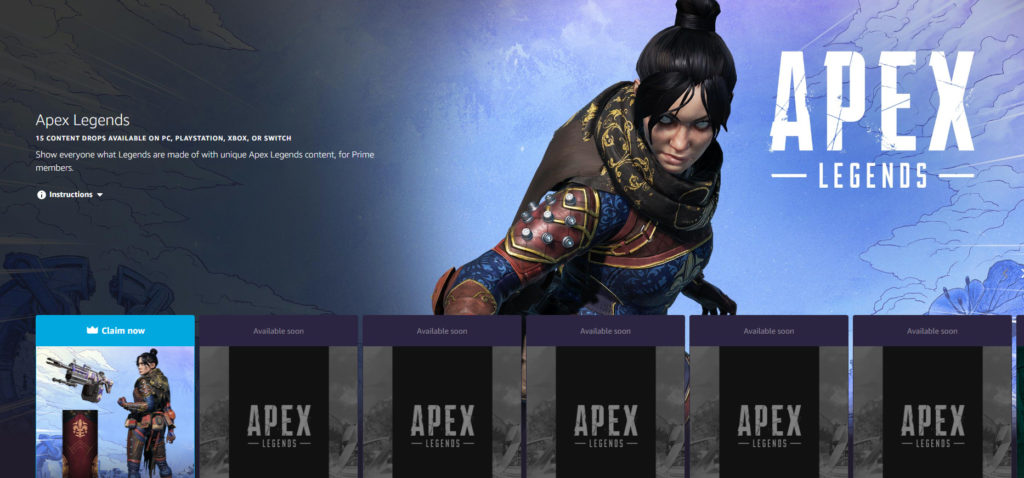 The Prime Gaming Apex Legends landing page.