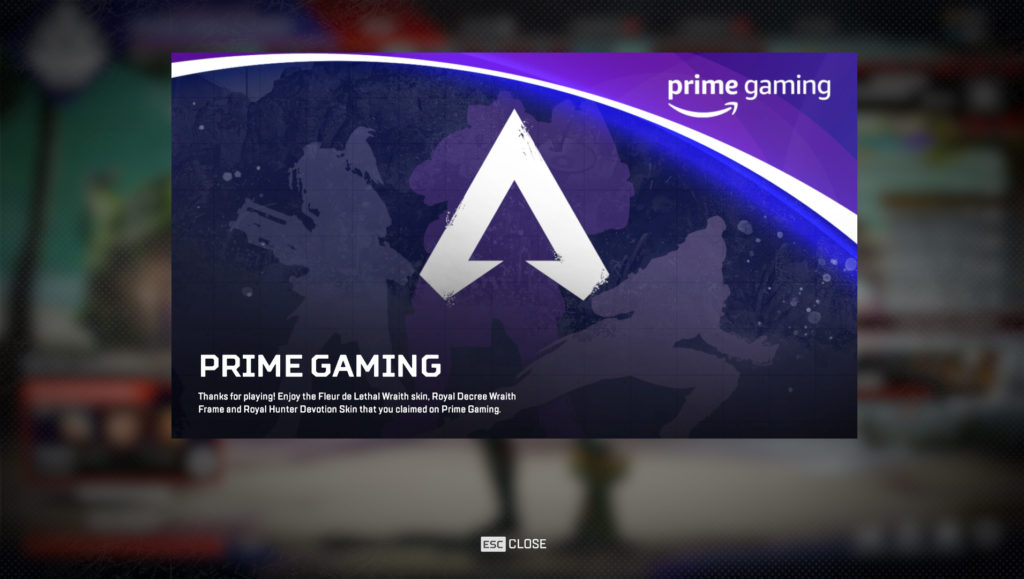 The Prime Gaming pop-up in Apex Legends.