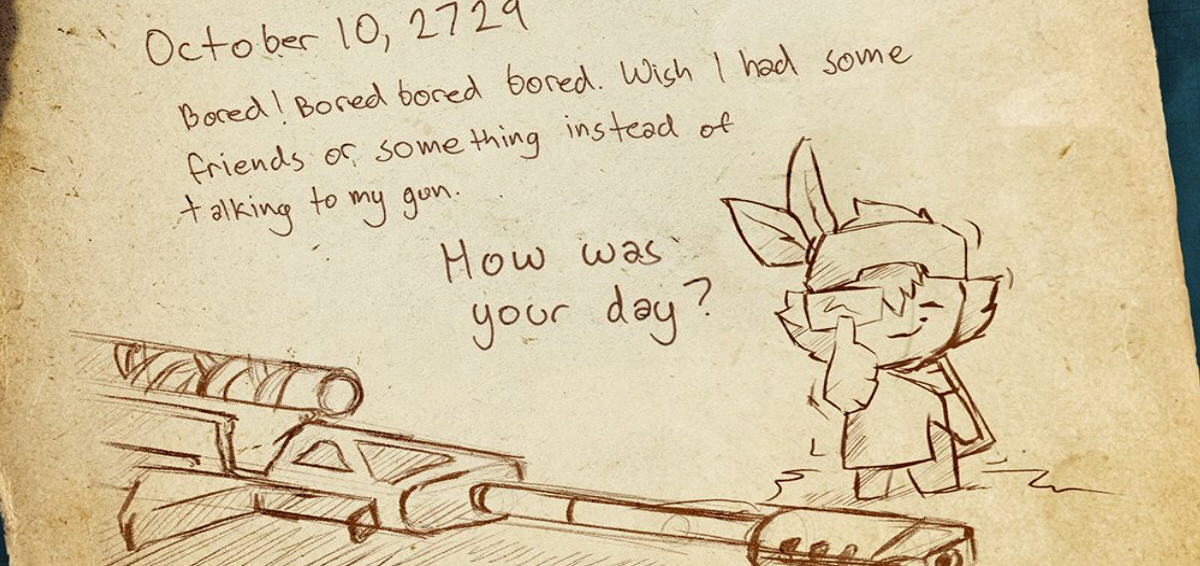 A diary with a drawing of a sniper rifle, a little girl, and some handwritten text.