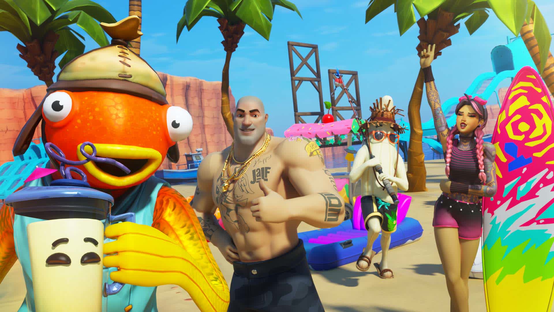 a fish drinking a smoothie with other characters looking into the camera in the background