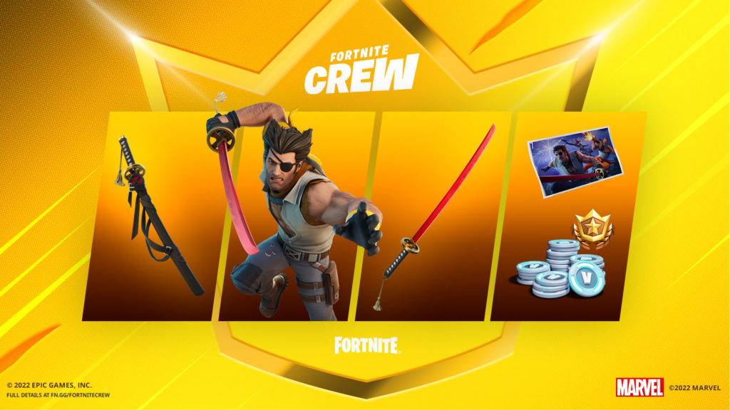 Wolverine with an eyepatch and weilding a red katana, with the battle pass icon and vbucks next to him