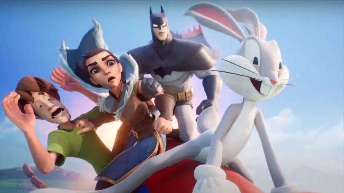 Batman, Shaggy, Arya Stark, and Bugs Bunny flying in on a rocket