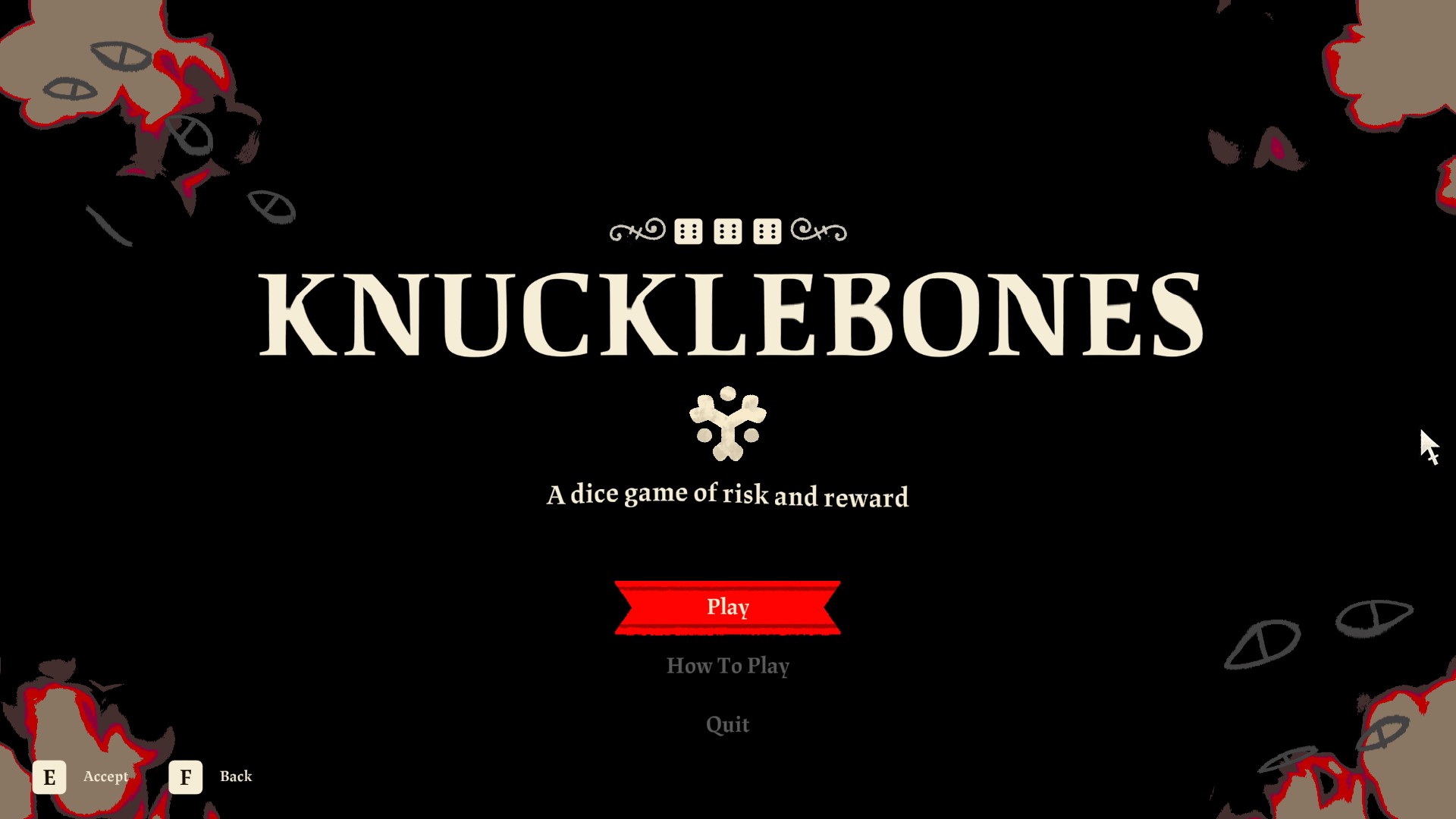 The Knucklebones Title screen with a subtitle that says "A dice game of risk and reward"