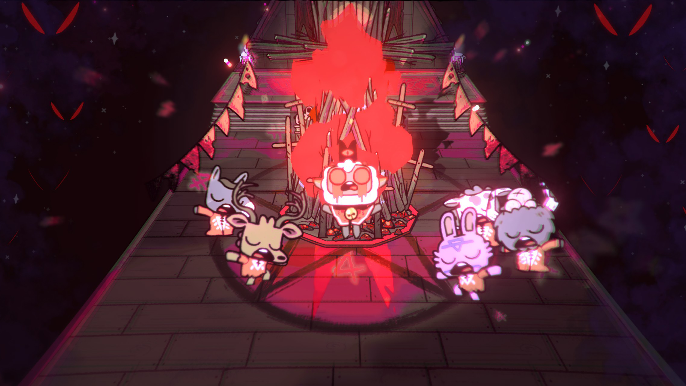 A lamb is surrounded by his cult members mid-ritual.