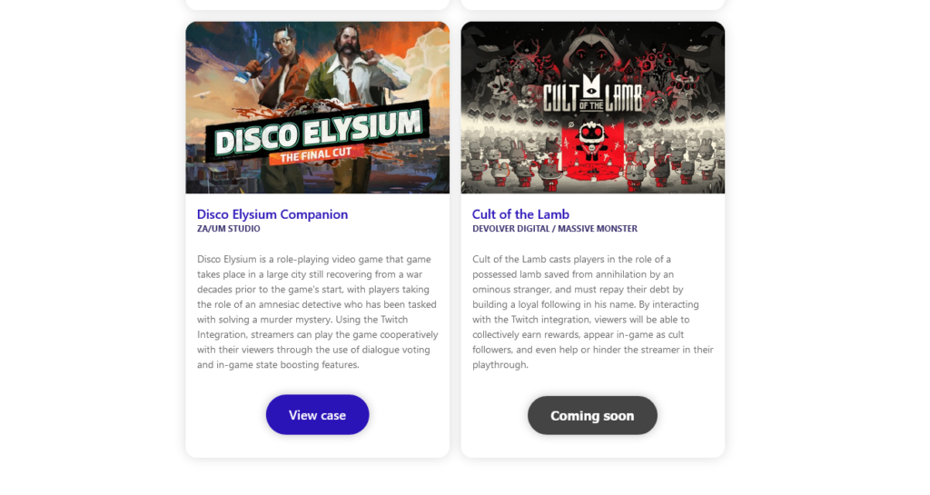 Cult of the Lamb and Disco Elysium section from Streaming Toolsmith's website