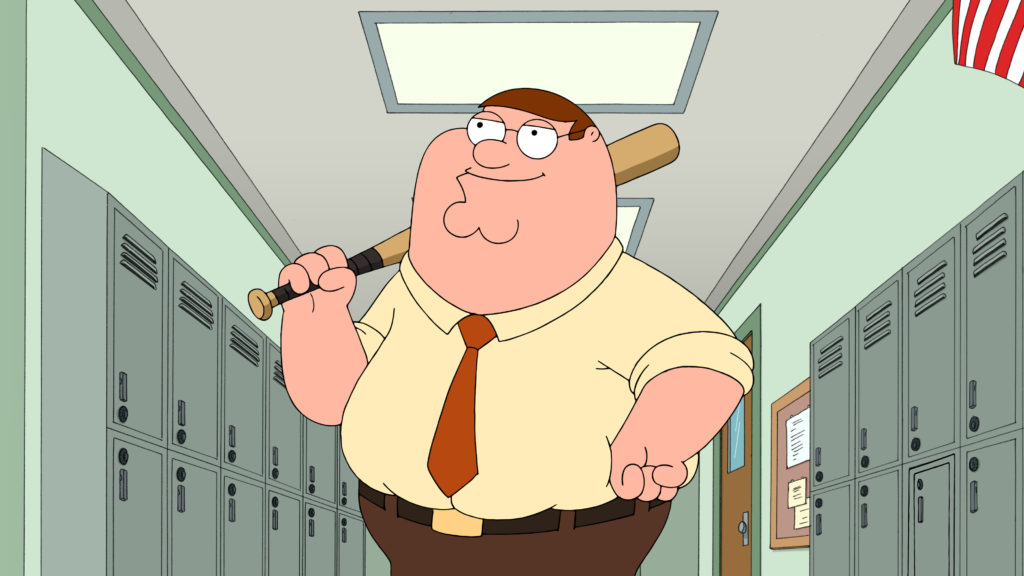 Peter Griffin holding a baseball bat over his shoulder