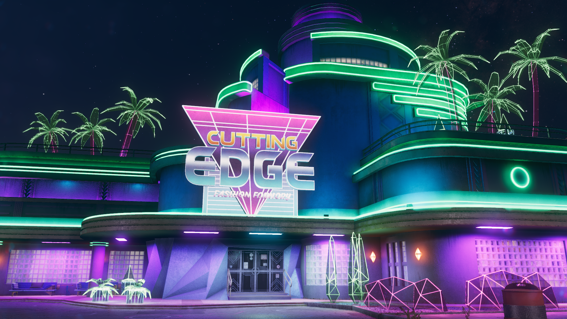 A large neon futuristic building with a sign that says Cutting Edge