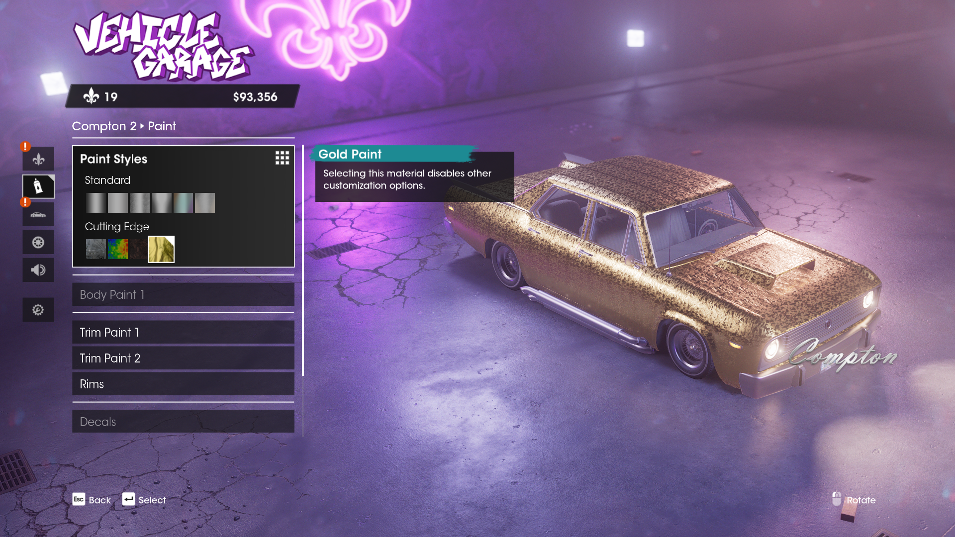 A screenshot of a golden car in Saints Row Car customization