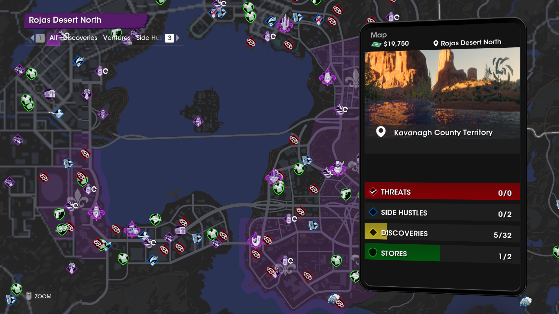 A map from Saints Row covered in different icons that represent different activities