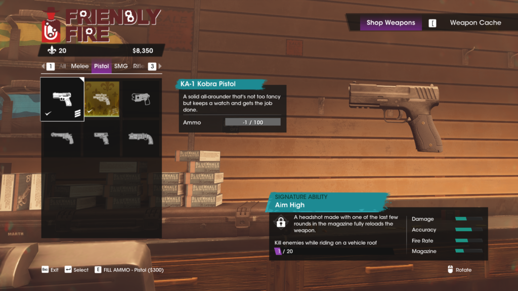A screenshot from Saints Row showing a black glock style pistol