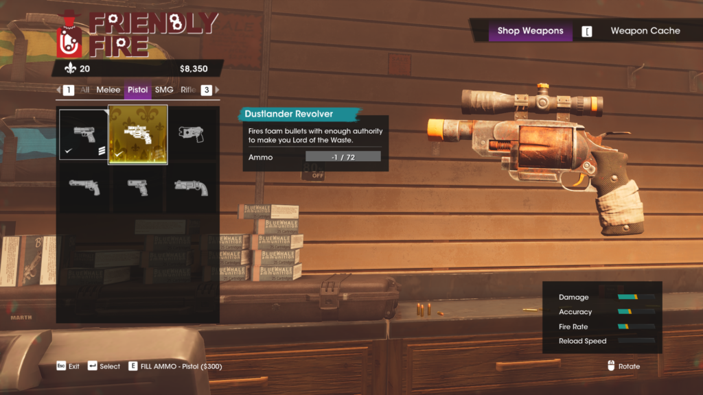 A screenshot from Saints Row showing a revolver with a scope and orange tip
