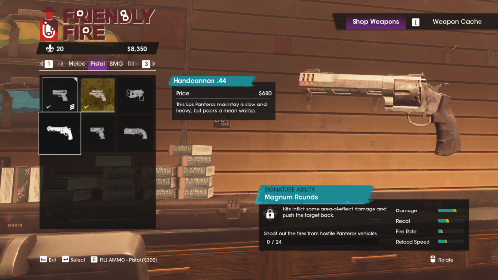 A screenshot of Saints Row showing a large pistol with an extended barrel
