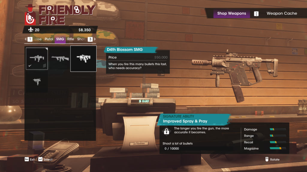 A screenshot showing a small smg that can be held with one hand or two to stabilize from Saints Row 