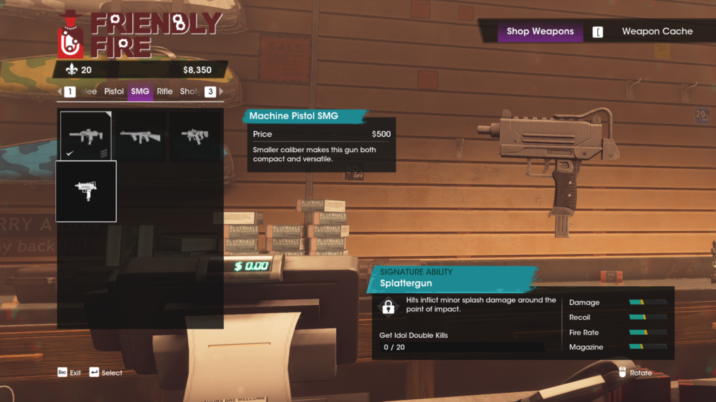 A screenshot from Saints Row showing a small SMG no bigger than a standard glock 