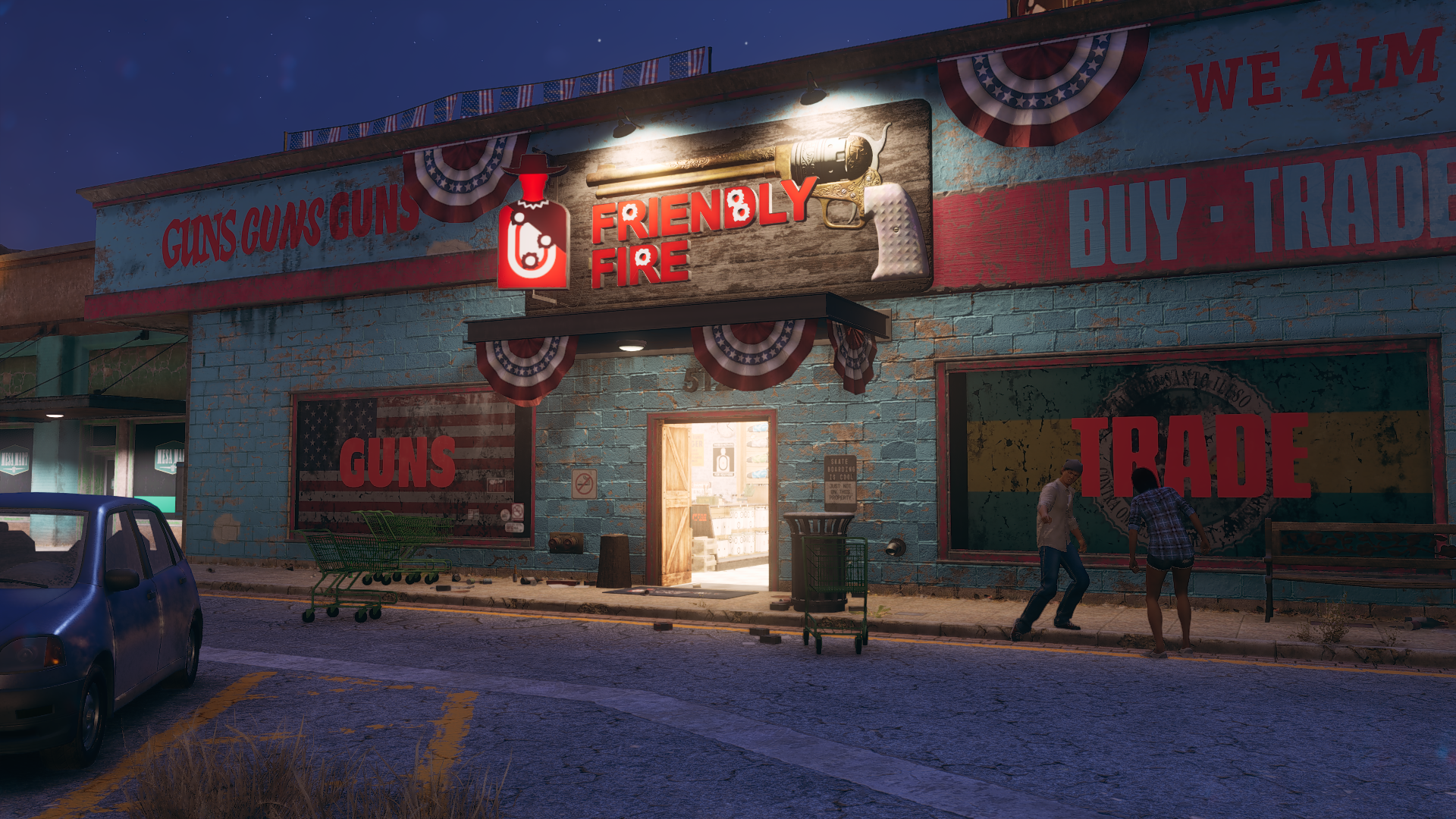 A screenshot from Saints Row showing a friendly fire gun storefront with a sign with the name and a large revolver