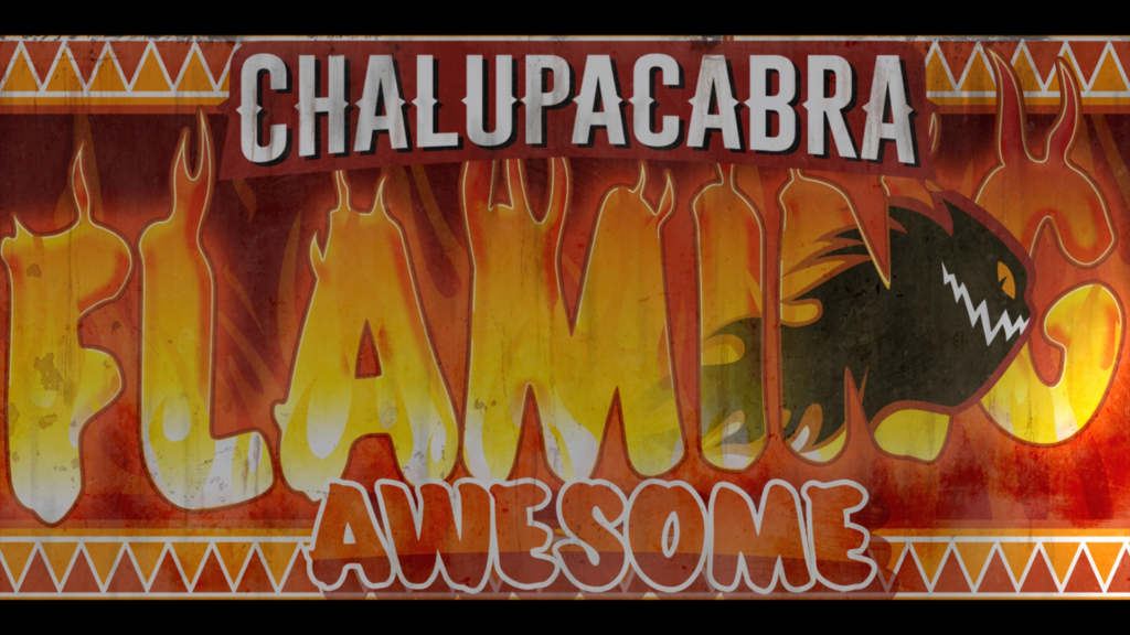 A screenshot from Saints Row showing a Chalupacabra Flaming Awesome logo with a black ghost-like figure running through the background