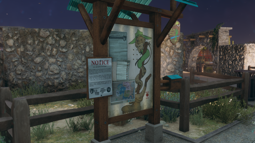 Screenshot from Saints Row showing the historical sight check-in with a board that has a picture of a snake in a safari hat