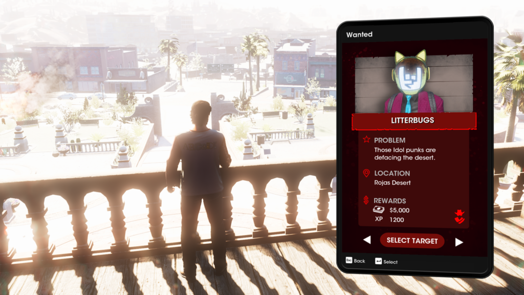 A character stands on a balcony in the sun looking at an app on their phone showing a target for paid murder