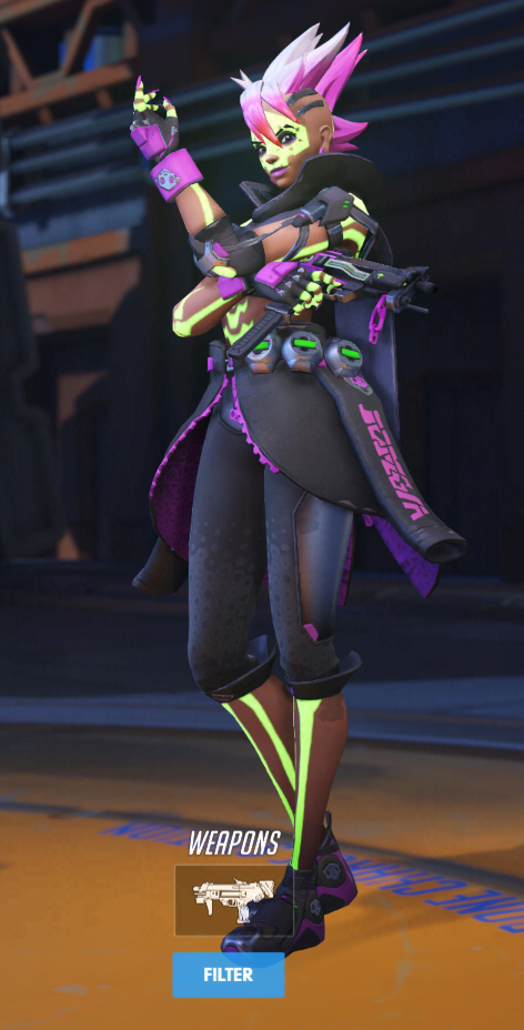Sombra wears a neon yellow and pink skin.