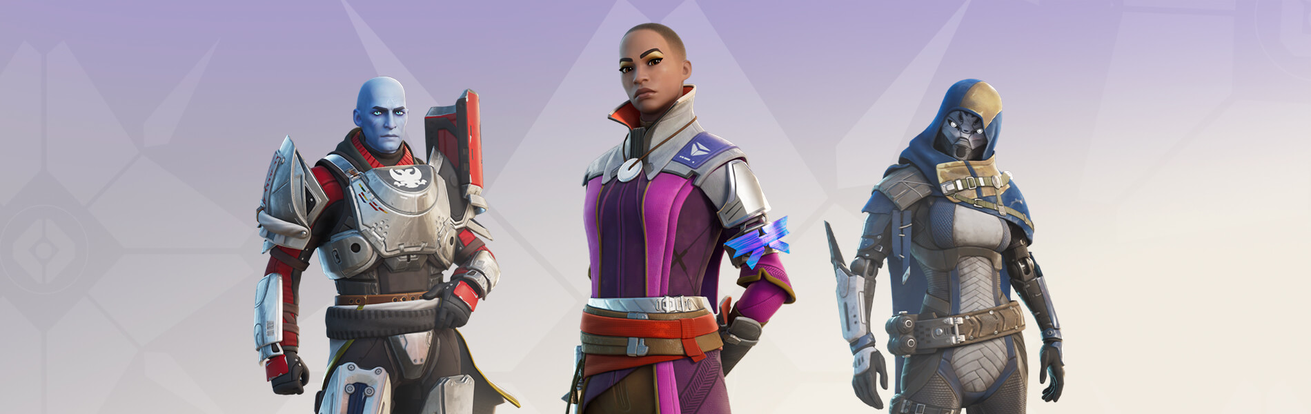 An image showing The Exo Stranger, Commander Zavala, and Ikora Rey recreated in Fortnite