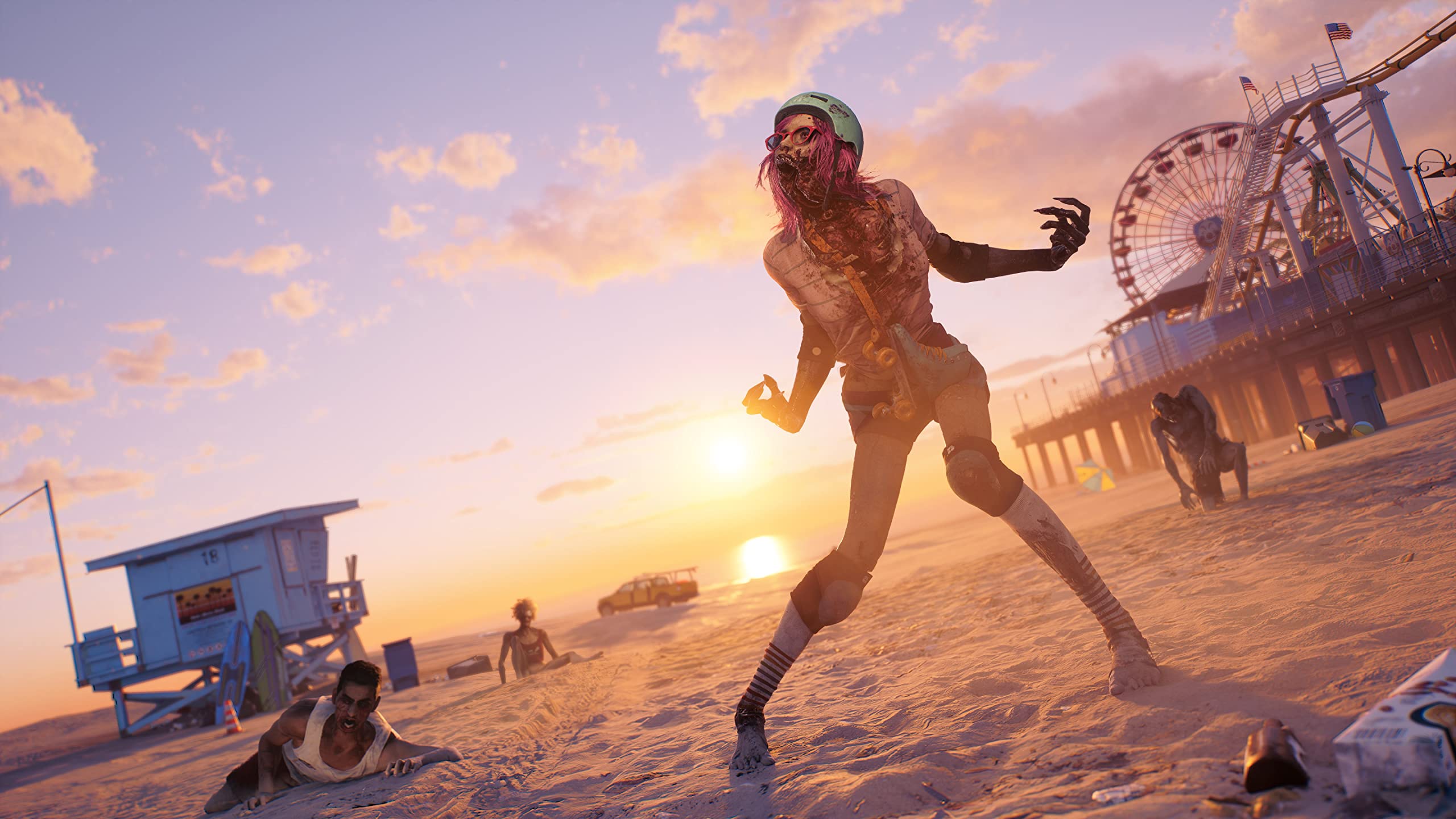 An image from Dead Island 2 showing a heavily deformed skater zombie with no jaw