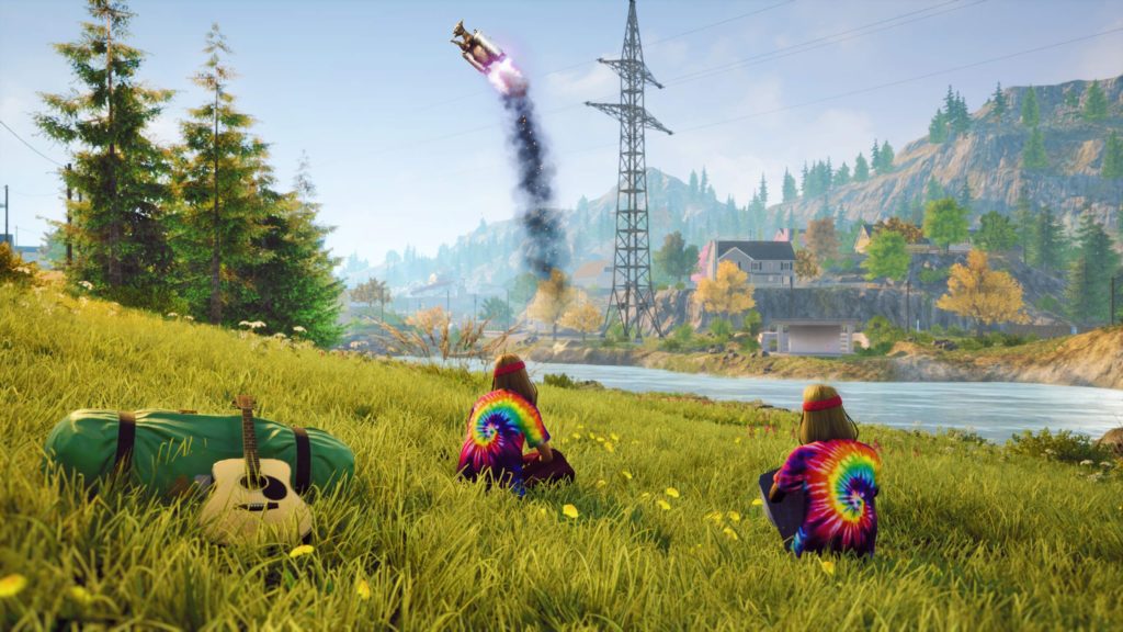 An image from Goat Simulator 3 showing two hippies in tie dye tshirts looking at a goat being thrown around by a jetpack
