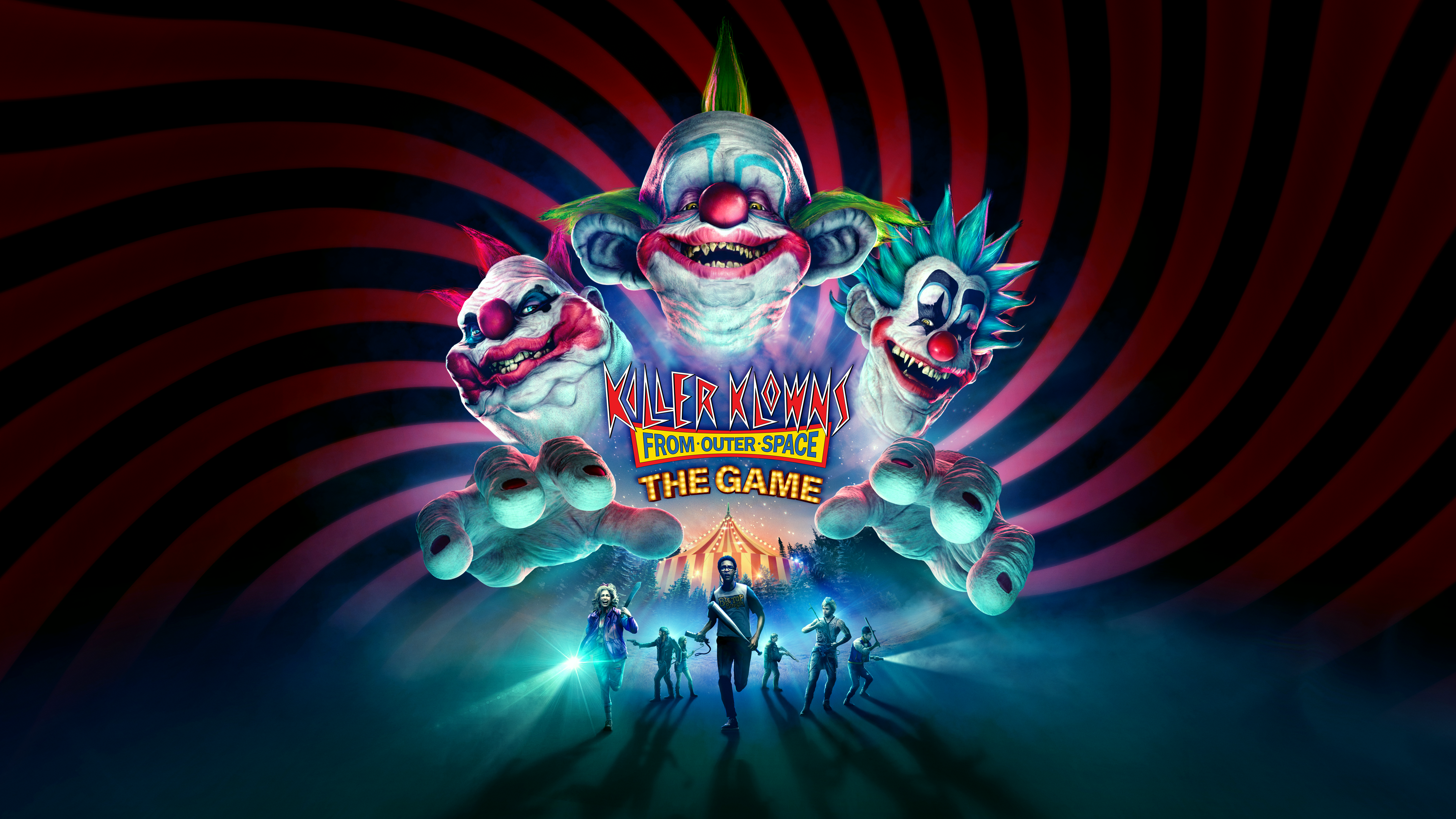 An image advertising the Killer Klowns from Outer Space game, with three clowns heads peering ominously over a group of seven people