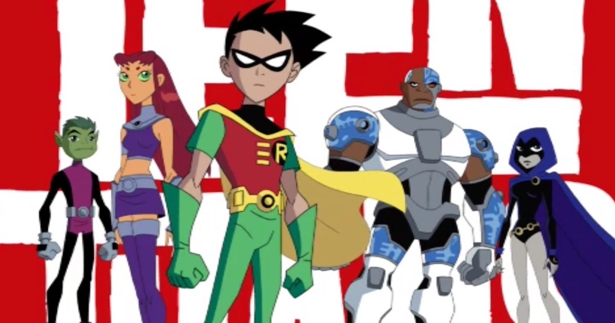 A screenshot from the Teen Titans tv show showing Beast Boy, Starfire, Robin, Cyborg, and Raven