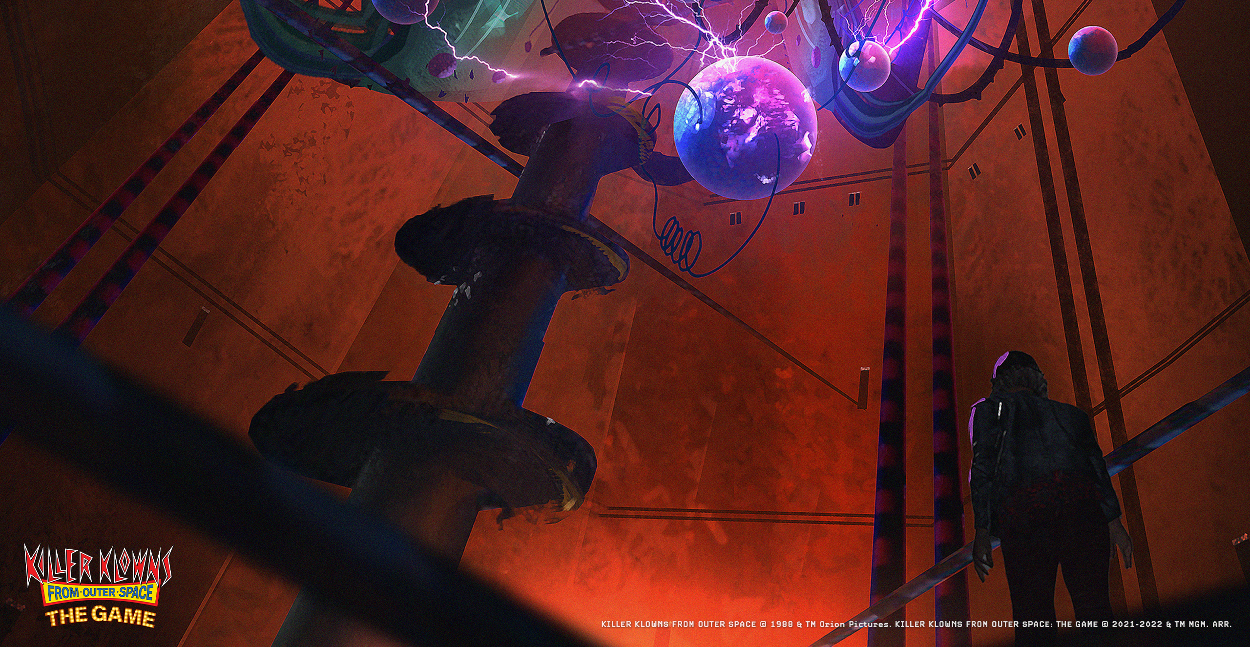 Concept art from Killer Klowns from Outer Space the Game showing the inside of the Klowns space ship with a glowing purple core