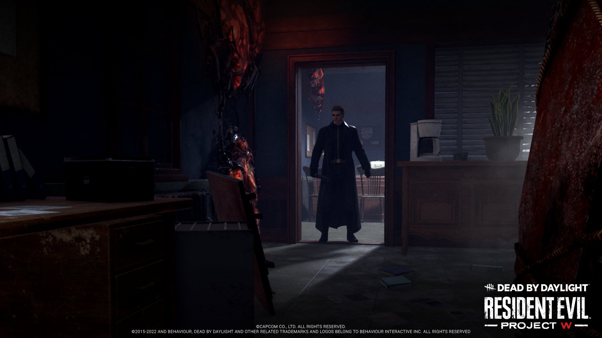 An image from Dead by Daylight showing Albert Wesker standing in the doorway