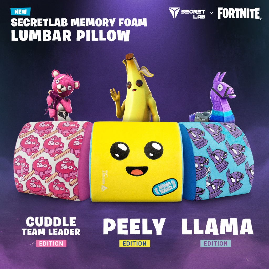 An image from Secret Lab showing three different lumbar pillows, one that has Cuddle Team Leader, one with Peely's face, and one with the pinata llamas