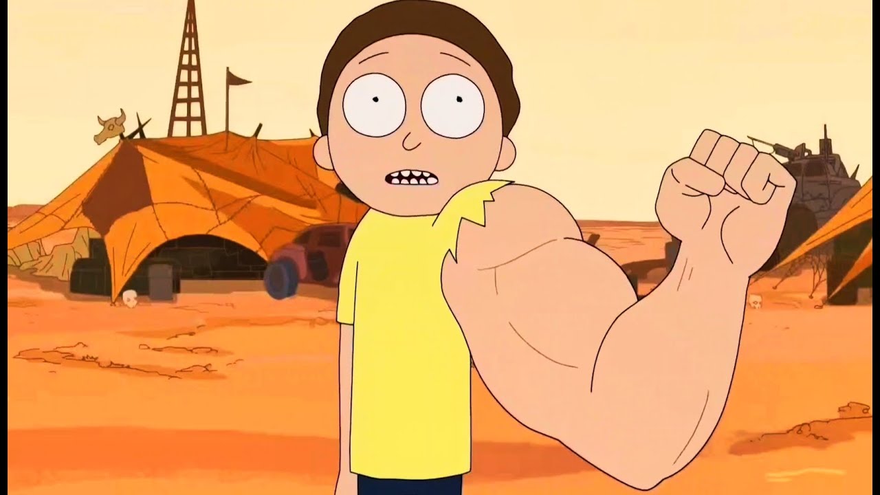 An Image from Rick and Morty showing Morty with a huge and muscular left arm