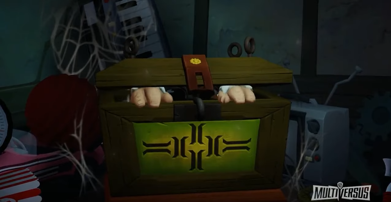 A screengrab from the MultiVersus trailer showing Gizmo peeking out of his box