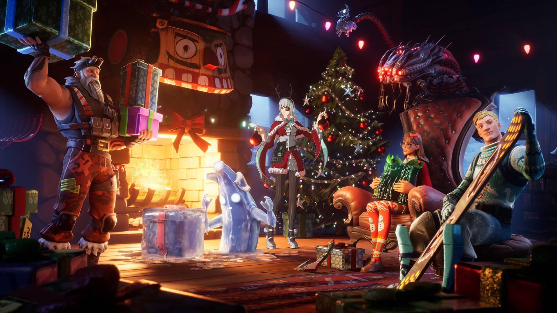 A promotional image from Fortnite showing Jonesy and another character receiving presents in a cozy cabin from Fortnite's Seargent Winter