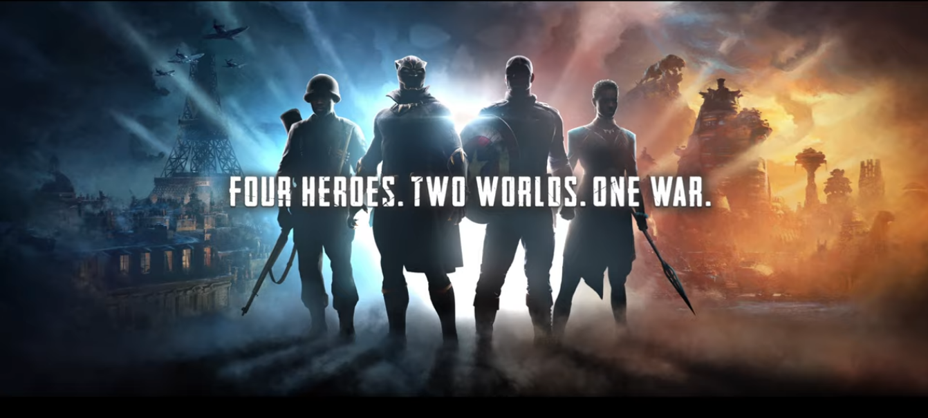 A screengrab from Skydance's new game trailer featuring captain america and black panther. Text reads "Four Heroes. Two Worlds. One War"