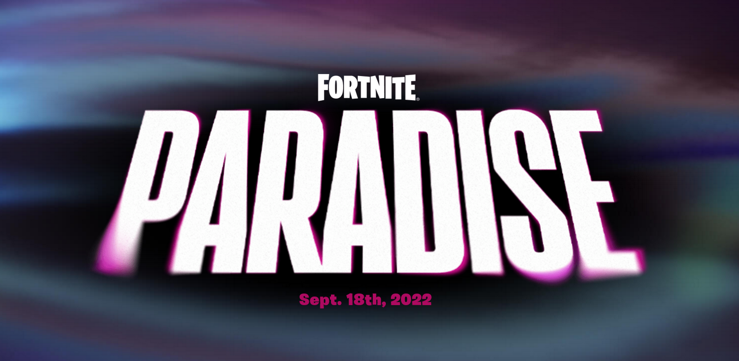 A promotional image from Fortnite showing the Paradise logo in front of chrome fluid