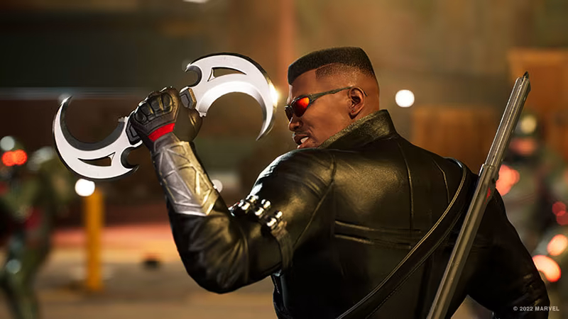 An image from Marvel Midnight Suns showing Blade holding a throwable weapon with a sharp curved blade on either side