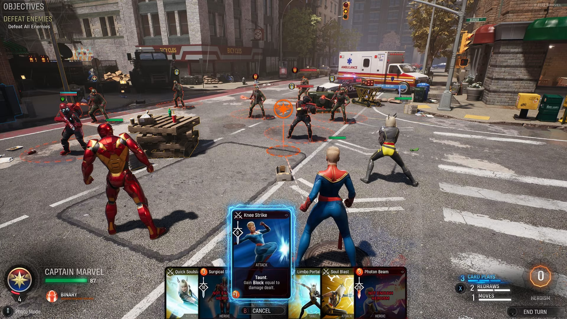 An image from Marvel's Midnight Suns showing Captain Marvel and others preparing to fight enemies