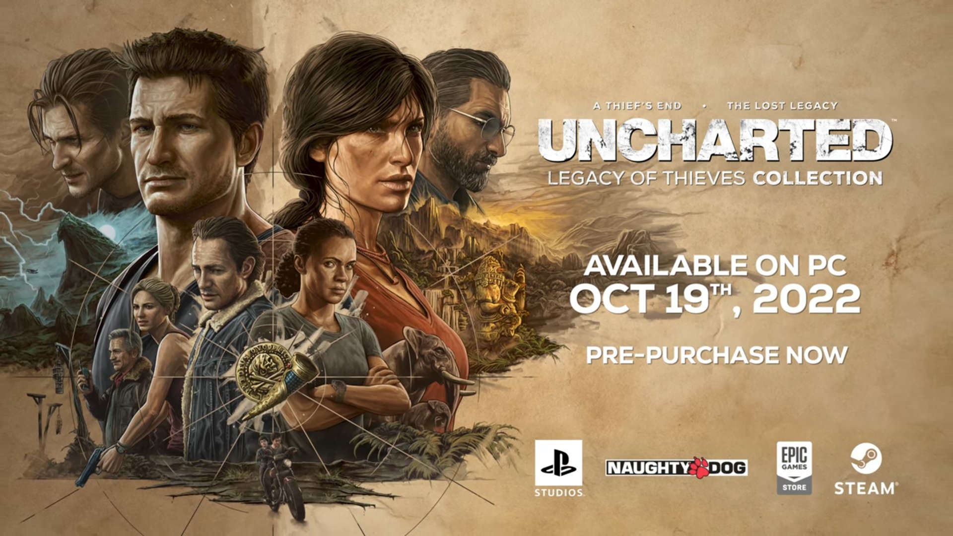 A promotional image from Uncharted: Legacy of Thieves collection showing different characters and the release date of October 15